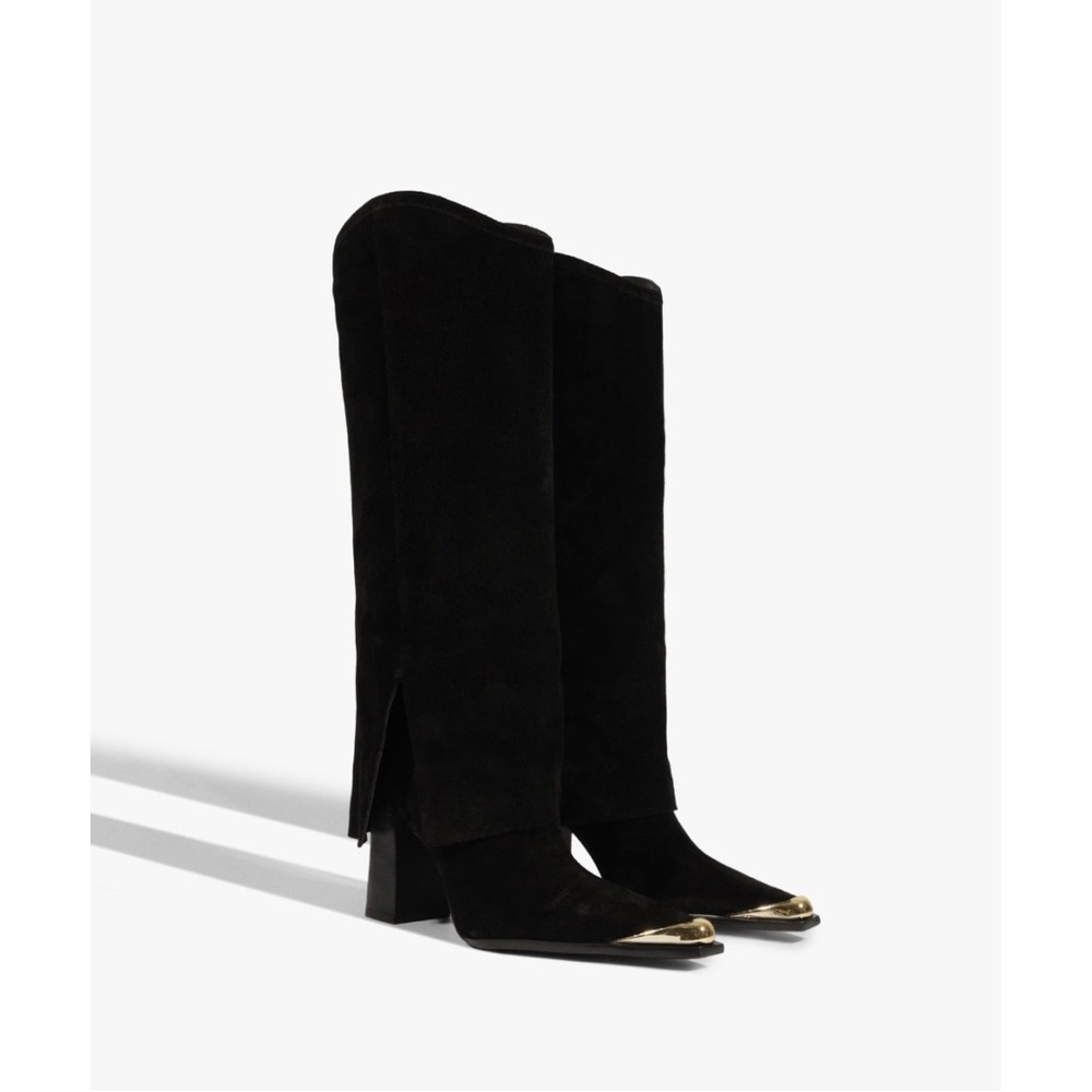 SCHUTZ Black Heeled Boots with Gold Accents New never worn new in box.